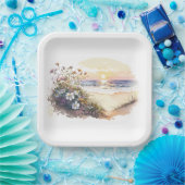 Waterverf Ocean Beach met Flowers Papieren Bordje (Feest)