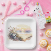 Waterverf Ocean Beach met Flowers Papieren Bordje (Feest)