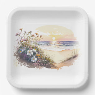 Waterverf Ocean Beach met Flowers Papieren Bordje