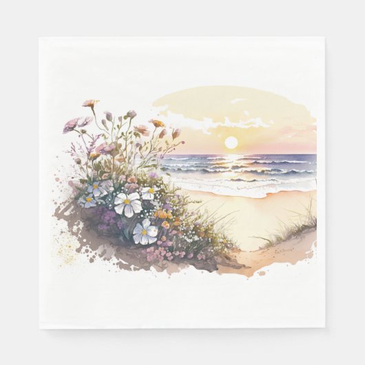 Waterverf Ocean Beach met Flowers Servet (Voorkant)