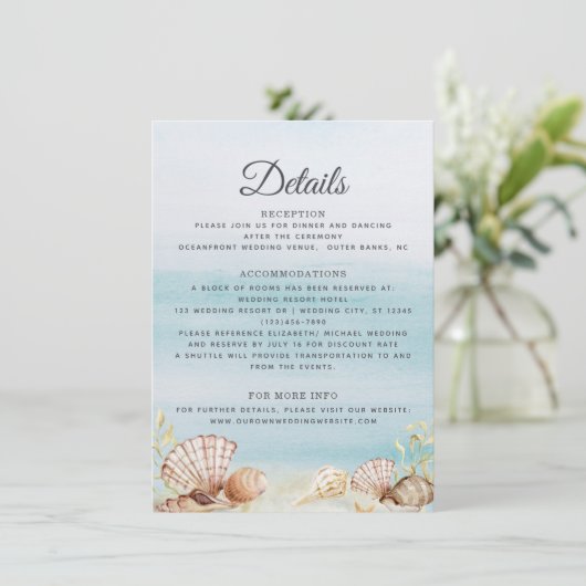 Waterverf Ocean Beach Shells Weddenschap Details Informatiekaartje (Staand voorkant)