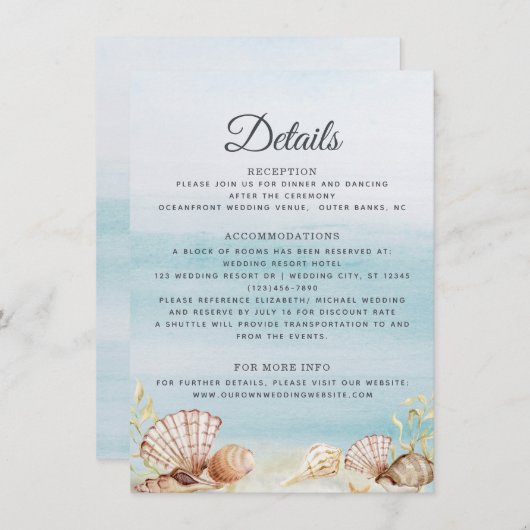 Waterverf Ocean Beach Shells Weddenschap Details Informatiekaartje (Voorkant / Achterkant)