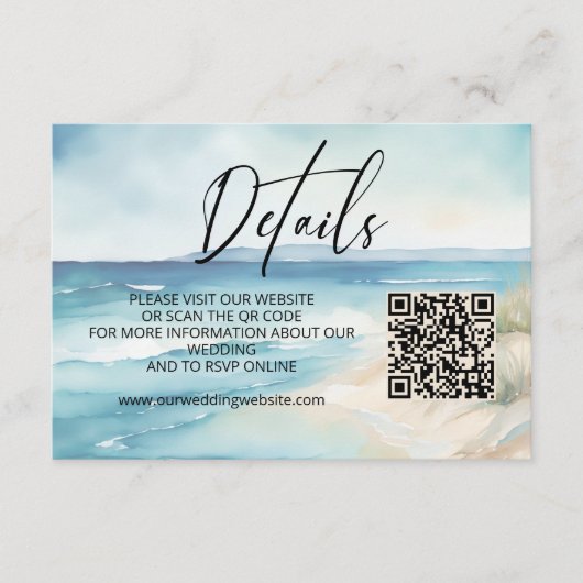 Waterverf Ocean Beach Wedding Website QR Code Informatiekaartje (Voorkant)