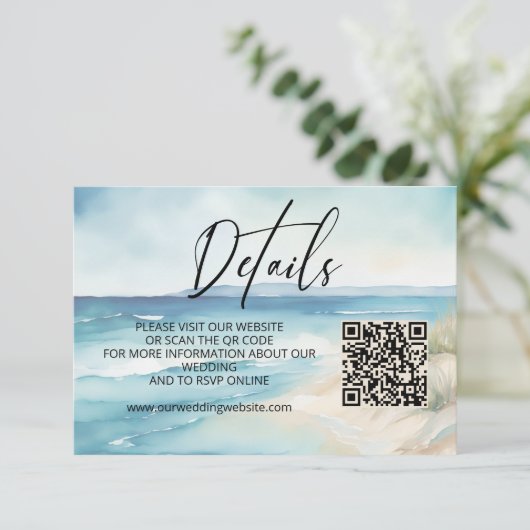 Waterverf Ocean Beach Wedding Website QR Code Informatiekaartje (Staand voorkant)
