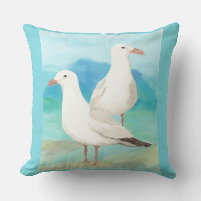 Waterverf Ocean Blue Seagulls Bird Natuur Art Buitenkussen (Voorkant)