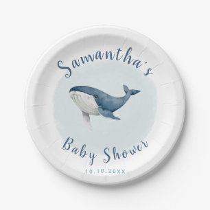 Waterverf Ocean Blue Whale Cute Boy's Baby shower Papieren Bordje