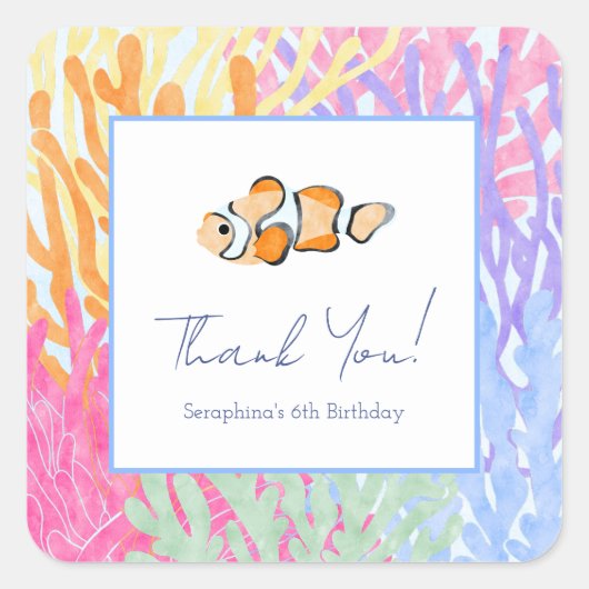 Waterverf Ocean Clown Fish Birthday Party Vierkante Sticker (Voorkant)