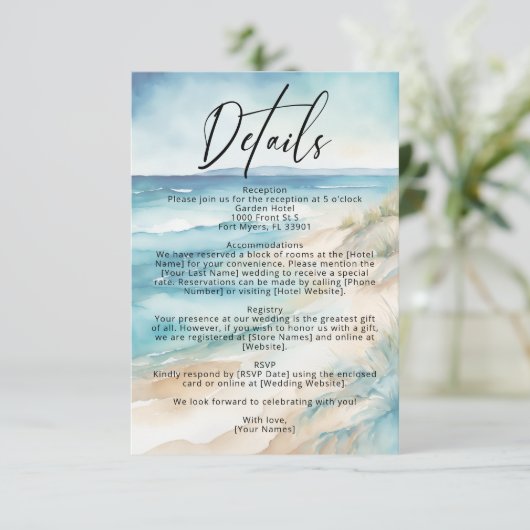 Waterverf Ocean Coastal Beach Wedding Details Informatiekaartje (Staand voorkant)