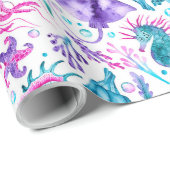 Waterverf Ocean Creatures Under the Zee Verjaardag Cadeaupapier (Rol Hoek)