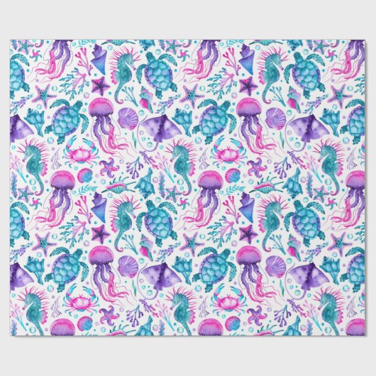 Waterverf Ocean Creatures Under the Zee Verjaardag Cadeaupapier (Vlak)