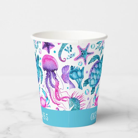 Waterverf Ocean Creatures Under the Zee Verjaardag Papieren Bekers (Rechts)