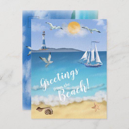 Waterverf Ocean Front Scene Lighthouders Seagulls Briefkaart (Voorkant / Achterkant)