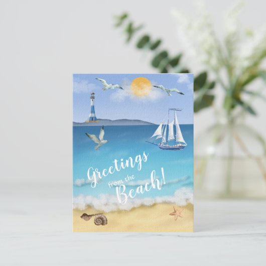 Waterverf Ocean Front Scene Lighthouders Seagulls Briefkaart (Staand voorkant)