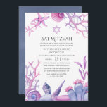 Waterverf Ocean Life Bat Mitzvah Kaart<br><div class="desc">Whimsical roze and blue oceanische themed bat mitzvah uitnodigingen met zee-ferns,  zeewier,  koraal,  schelpen en zeesterren,  die snel en gemakkelijk aan uw evenement kunnen worden aangepast.</div>