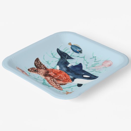Waterverf Ocean Life en Creats Aquatic Blue Papieren Bordje (Gebogen)