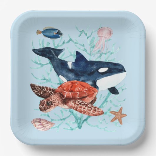 Waterverf Ocean Life en Creats Aquatic Blue Papieren Bordje (Voorkant)