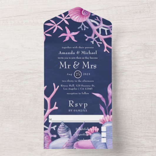 Waterverf Ocean Life Wedding All In One Uitnodiging (Binnen)