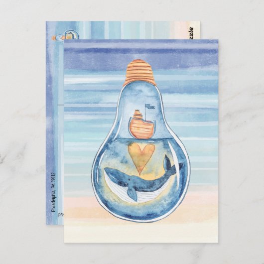 Waterverf Ocean Light bulb Humpback Whale Ship Briefkaart (Voorkant / Achterkant)
