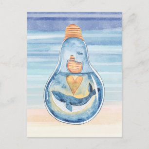 Waterverf Ocean Light bulb Humpback Whale Ship Briefkaart