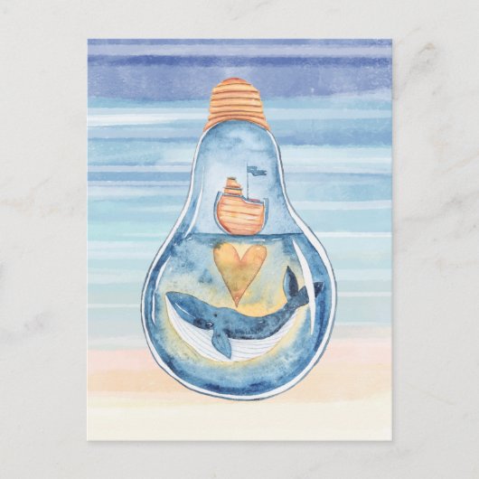 Waterverf Ocean Light bulb Humpback Whale Ship Briefkaart (Voorkant)