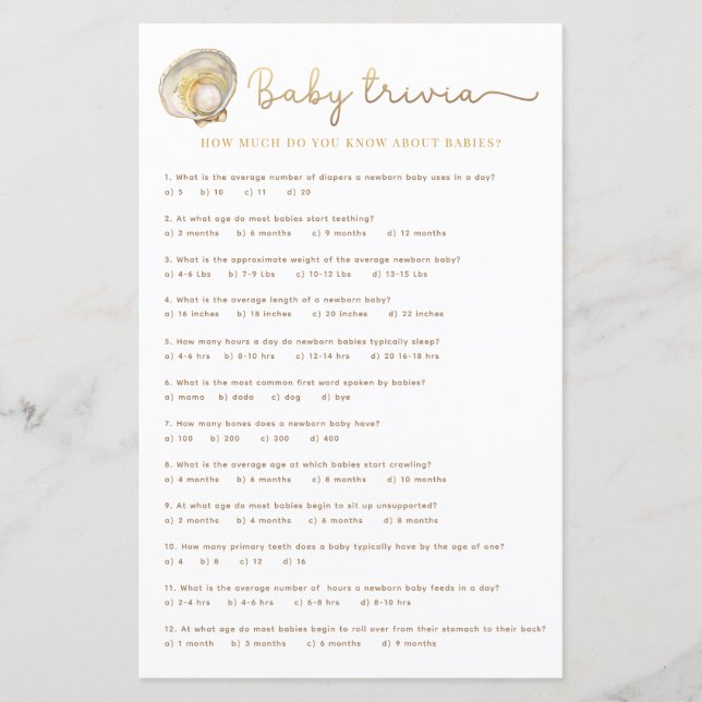 Waterverf Ocean Little Pearl Baby shower Game Zij (Voorkant)