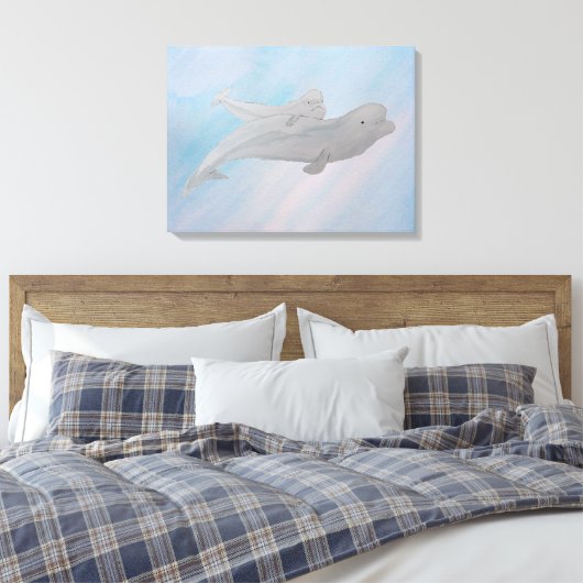 Waterverf Ocean Moeder Baby Beluga Whale Canvas Afdruk (Insitu (Slaapkamer))