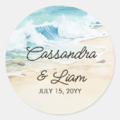 Waterverf Ocean Sand Beach Thema Bruiloft Ronde Sticker (Voorkant)
