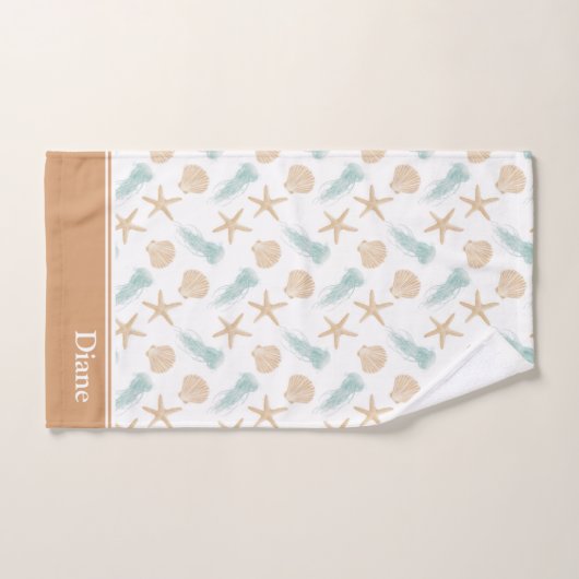 Waterverf Ocean Seashell Pattern met naam Bad Handdoek (Handdoek)