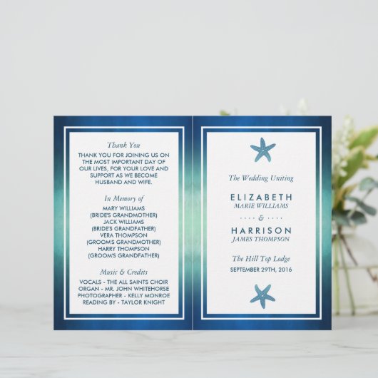 Waterverf Ocean Starfish Beach Wedding Programme (Staand voorkant)