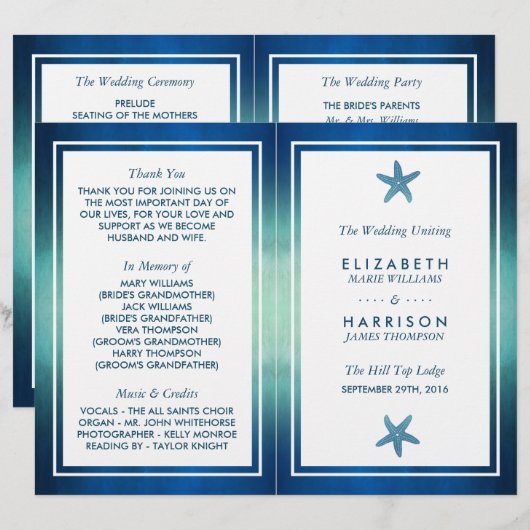 Waterverf Ocean Starfish Beach Wedding Programme (Voorkant / Achterkant)