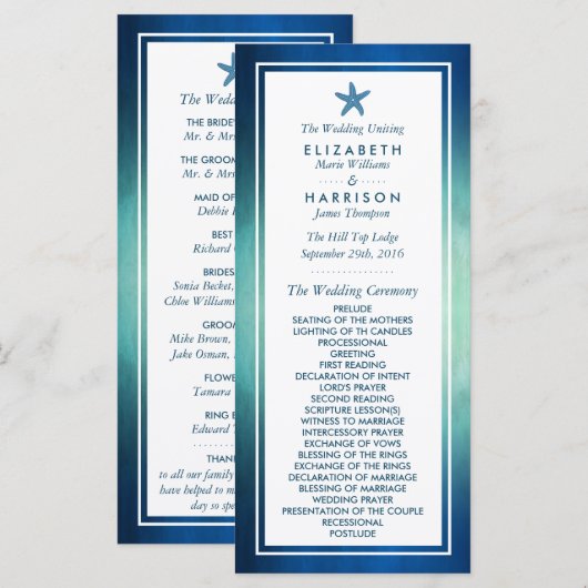 Waterverf Ocean Starfish Beach Wedding Programme Programmakaart (Voorkant / Achterkant)