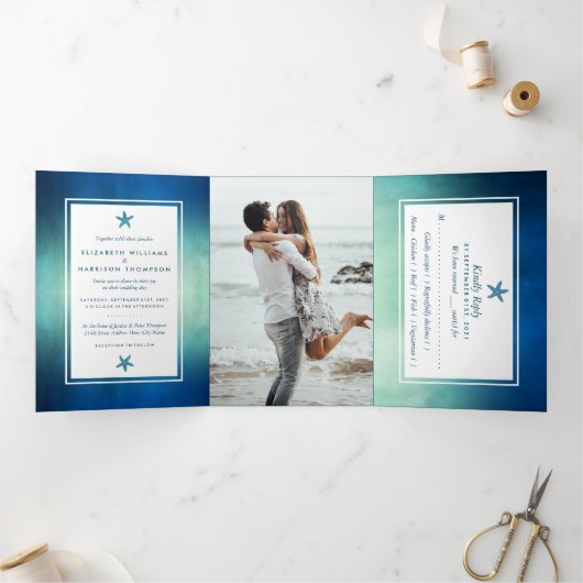 Waterverf Ocean Starfish Beach Wedding Suite Drieluik Uitnodiging (Binnen)