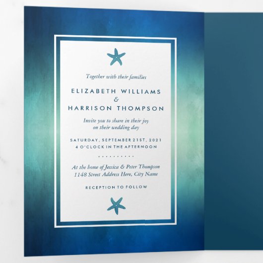 Waterverf Ocean Starfish Beach Wedding Suite Drieluik Uitnodiging (Binnenzijde eerst)