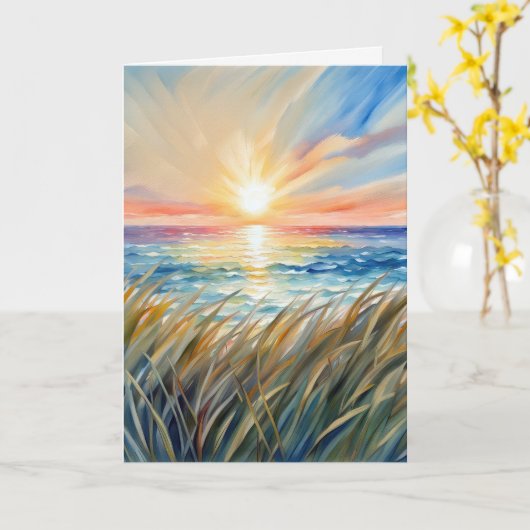 Waterverf Ocean Sunrise denkt aan jou Kaart (Gele Bloem)