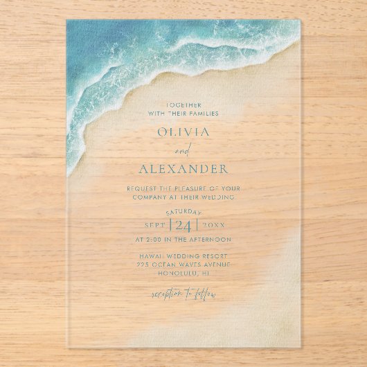 Waterverf Ocean Wave Beach bruiloft Acryl Uitnodigingen (Voorkant)