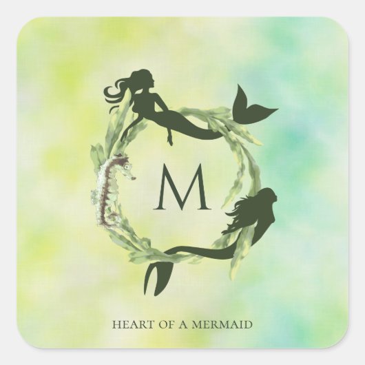 Waterverf Ocean Wreath Mermaids Monogram Vierkante Sticker (Voorkant)