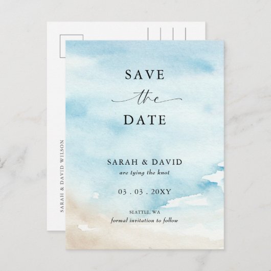 Waterverf Ocean Zee Summer Beach Save the Date Aankondigingskaart (Voorkant / Achterkant)