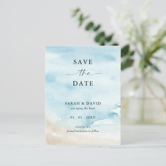 Waterverf Ocean Zee Summer Beach Save the Date Aankondigingskaart (Staand voorkant)