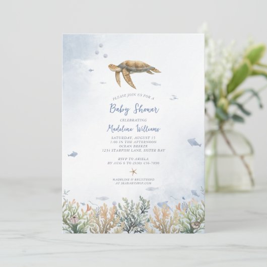 Waterverf Ocean Zee Turtle Baby shower Kaart (Staand voorkant)
