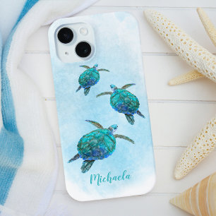 Waterverf Ocean Zee Turtles Aangepaste naam iPhone 15 Case