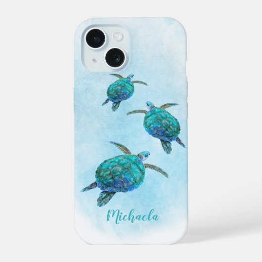 Waterverf Ocean Zee Turtles Aangepaste naam iPhone 15 Case (Achterkant)