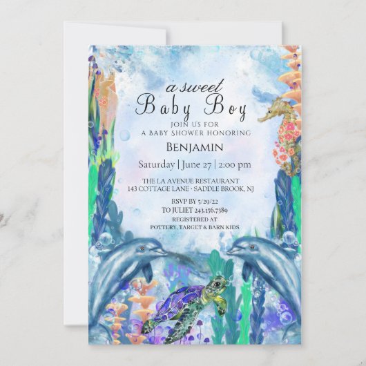 Waterverf OceanSea Animals BabyShower Uitnodiging (Voorkant)