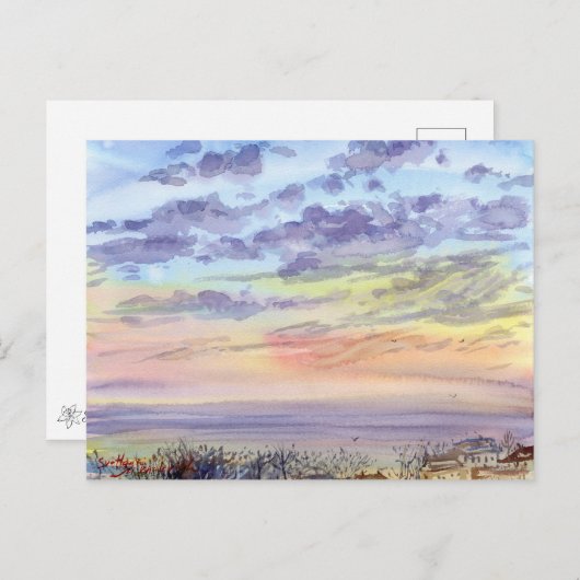 Waterverf ochtendlandschap met wolken en zee briefkaart (Voorkant / Achterkant)