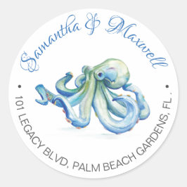 Waterverf Octopus Beach Weddenschap Return-adres Ronde Sticker