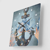 Waterverf Octopus en Anchor Zee Life Beach Vierkante Klok (Hoek)