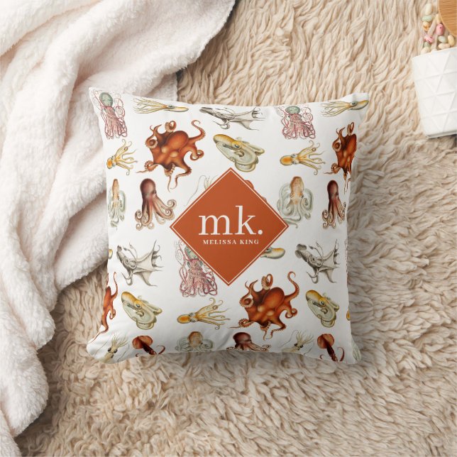 Waterverf Octopus Ocean Animals Patroon Monogram Kussen (Deken)