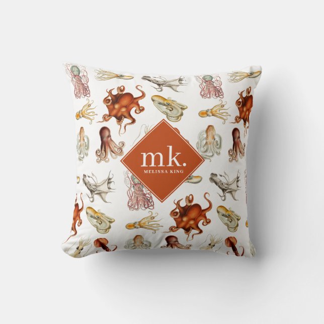 Waterverf Octopus Ocean Animals Patroon Monogram Kussen (Voorkant)