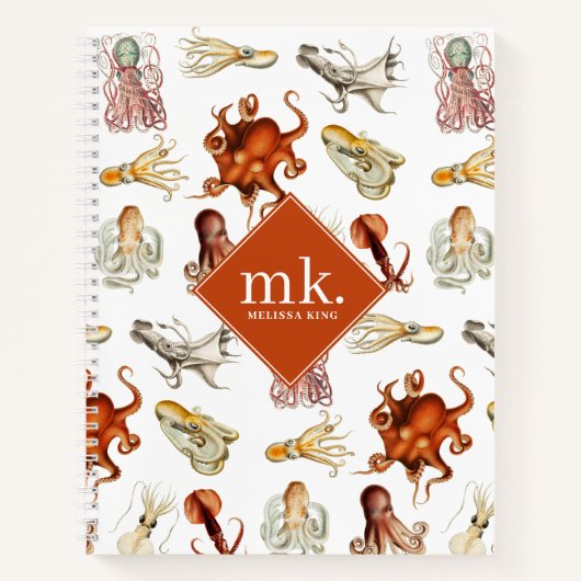 Waterverf Octopus Ocean Animals Patroon Monogram Notitieboek (Voorkant)