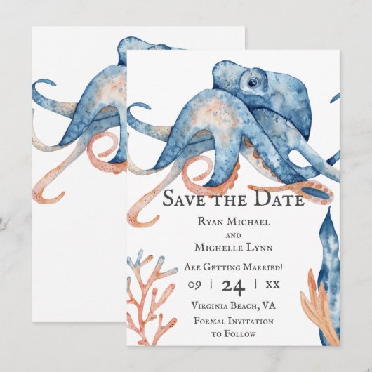 Waterverf Octopus Zee Life Beach Weddenschap Save The Date (Voorkant / Achterkant)