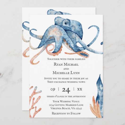 Waterverf Octopus Zee Life on White Beach bruiloft Kaart (Voorkant / Achterkant)